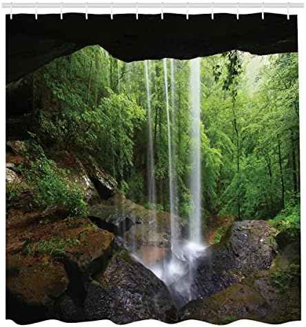 וילון מקלחת מערות טבעיות של אמבסון, מפל דומם ביער בצפון נוף המערכת האקולוגית של בית הגידול באלבמה, סט עיצוב אמבטיה בד בד עם