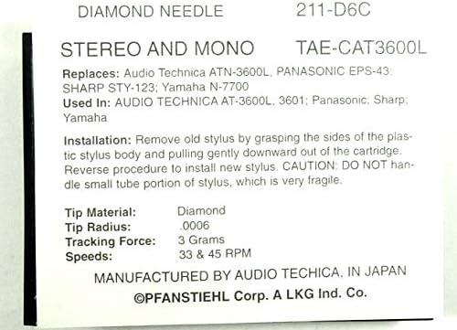 מחט Pfanstiehl פונוגרפיה ל- Audio Technica AT3600L ATN3601 Panasonic EPC-36, EPS-43, 75SMHD, EPS-43STSD, EPS-75STHSD,
