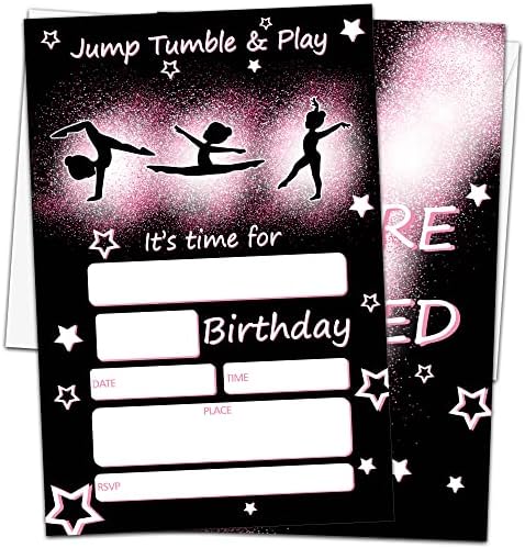 ISOVF 4 x 6 ניאון התעמלות ניאון כרטיסי הזמנה למסיבת יום הולדת עם מעטפות - Jump Tumble & Play - בנות קשת התעמלות