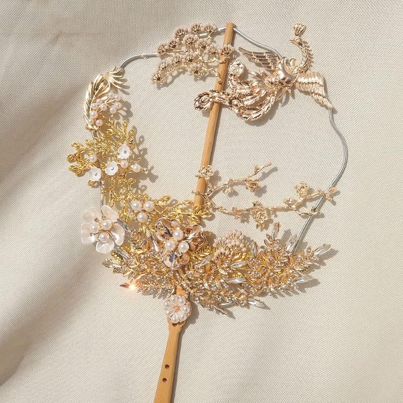 Yfsdx עוף החול הזהב זרי כלה סיניים סוג אוהד סוג פרחים 3D פרחים גבישים מתכת מתכת חלולה מאוורר אביזרים לחתונה