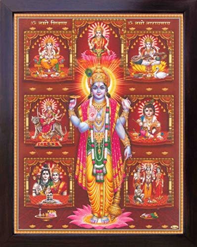 האל העליון ההינדי וישנו עם אל אחר כמו קרישנה, גנשה, שווה, סרוואטי, לורד רם ומאה דורגה, ציור כרזה עם מסגור לדת