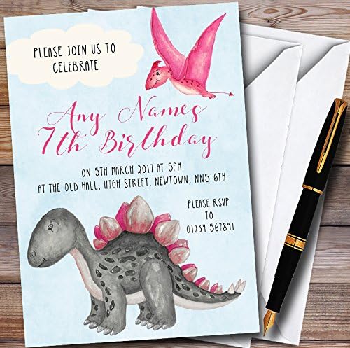 גן החיות של קלף 10 x בנות דינוזאור בצבעי מים ורודים הזמנות למסיבת יום הולדת בהתאמה אישית