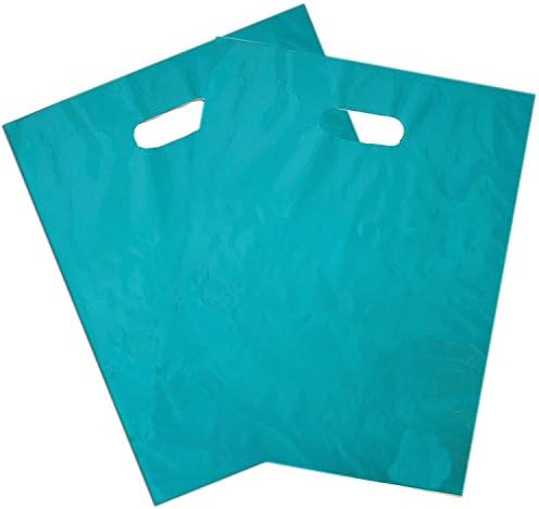 50 שקיות סחורה מפלסטיק בצבע כחול צהבהב מבריק 12 על 15 עם ידיות