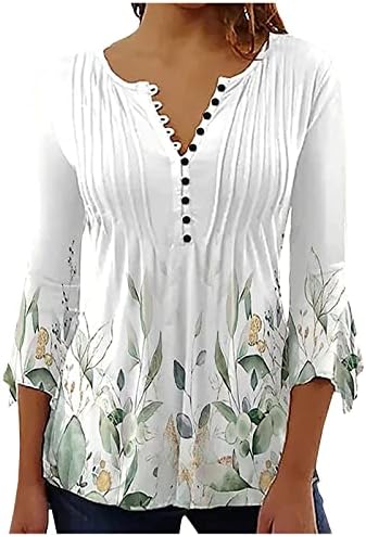 Smidow 3/4 חולצות חולצות שרוול לנשים לנשים קיץ מזדמן טיזים גרפיים טרנדיים הדפס פרחוני V צוואר אימפריה המותניים צמרות