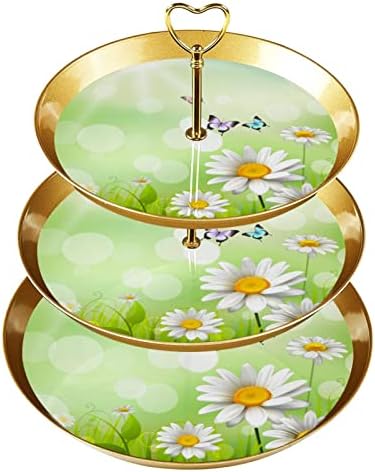 LYETNY 3 קינוח קינוח עוגת עוגת קאפקוויקס זהב דוכן למסיבת תה, חתונה ויום הולדת, פרחי דייזי לבנים ופרפרים
