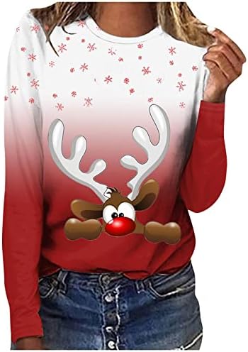 סווטשירטים גרפיים לנשים צוואר צוואר צוואר גרפי מצחיק חולצות איילים מודפסות חג המולד.