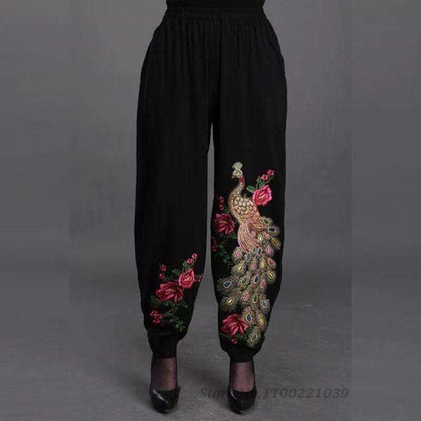 רקמת פרחים לאומית סינית מסורתית מכנסיים רופפים מכנסי כותנה מזרחיים מכנסי פשתן צבע 1 m