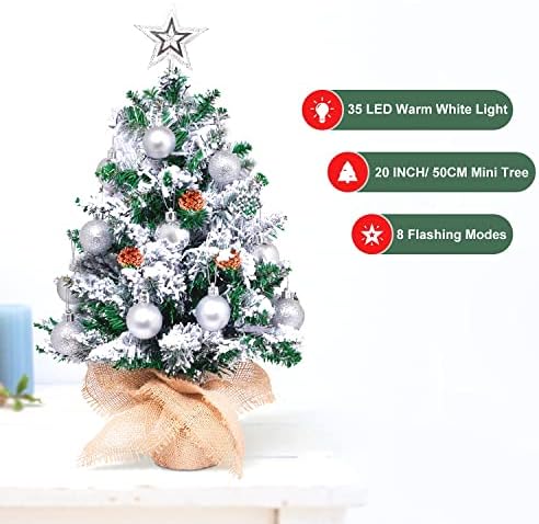 עץ חג המולד של שולחן השולחן 20 אינץ 'שלג מלאכותי עץ חג המולד מיני עץ חג המולד עם 8 אורות מצב לקישוטים לחג המולד,