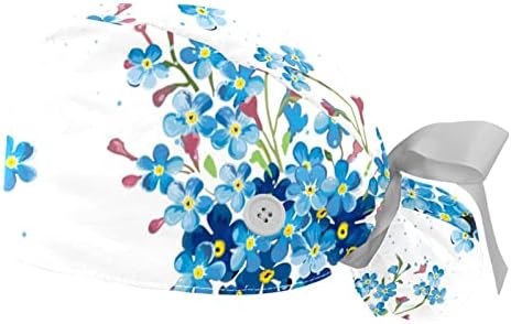 כובע עבודה 2 יחידות עם כפתור סרט כפתור קשירה לאחור של כובעי קוקו של פרחים כחולים לנשים