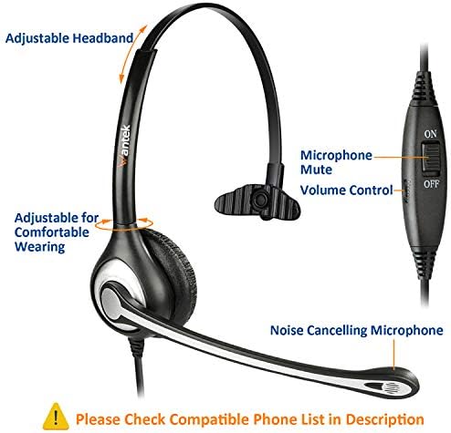 אוזניות טלפוניות של Wantek Corded Monaural עם ביטול רעש MIC + עבודת ניתוק מהירה עבור Yealink SIP-T19P T20P T21P