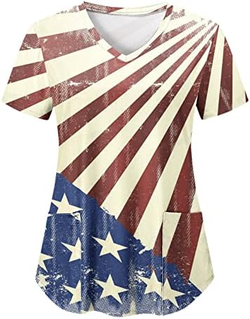 4 ביולי דגל אמריקאי חולצה לנשים קיץ שרוול קצר חולצה עם 2 כיסים חולצות בגדי עבודה מזדמנים לחג