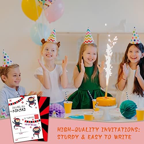 Tirywt Ninjas הנושא הזמנות ליום הולדת, קוראים לכל הנינג'ות, הזמנות למסיבת יום הולדת בסגנון מילוי עם מעטפות לבנות בנות, קישוטים