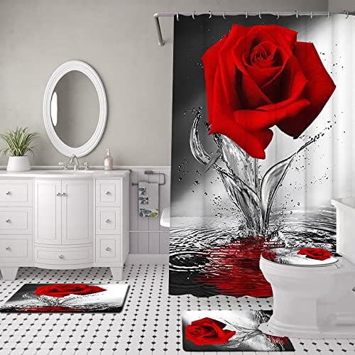 Lukuy 4 PCS מערכות וילון מקלחת ורדים עם שטיחים שאינם החלקה מכסה מכסה אסלה ומטלטל אמבטיה שחור ואדום אמבטיה אמבטיה