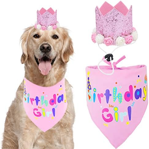 כלב יום הולדת בנדנה ילדה צעיף וכתר כלב יום הולדת כובע, פרח בארה ' ב עבור בינוני לכלבים גדולים ורוד