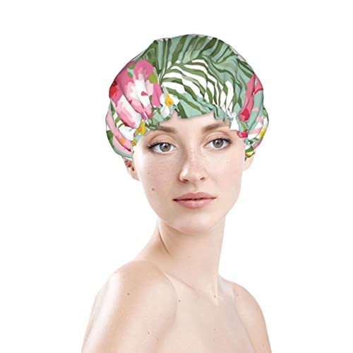 נשים לשימוש חוזר כובע שיער שולי שיער טרופי פלמינגו שכבות כפולות פרחוניות כובע אמבטיה אטום למים כובע אמבטיה