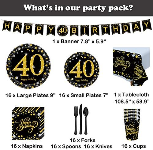 40 שחור וזהב יום הולדת ספקי צד סט - 16 אורחים - ערכת כלי שולחן חד פעמי כוללים 40 שנים זהב צלחות נייר, 12