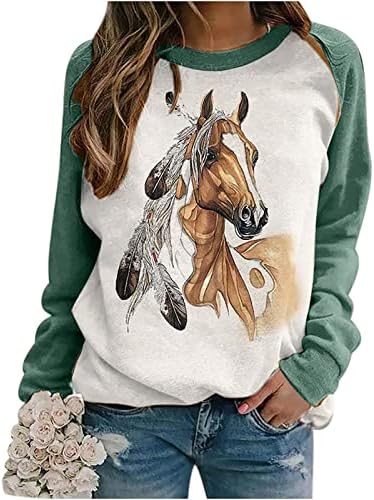 חולצת ציור שמן סוס נשים בלוק אופנה בלוק סווטשירטים שרוול ארוך צוואר צוואר צוואר