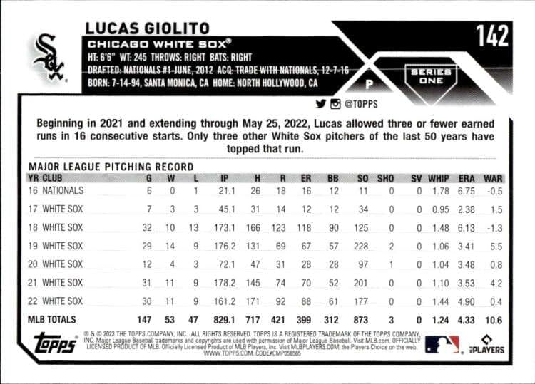 2023 Topps 142 Lucas Giolito Chicago White Sox סדרה 1 כרטיס מסחר בייסבול MLB