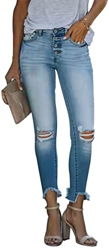 קונמי נשים של קרע גבוהה מותן סקיני ג 'ינס כפתור לטוס במצוקה נמתח ג' ינס מכנסיים