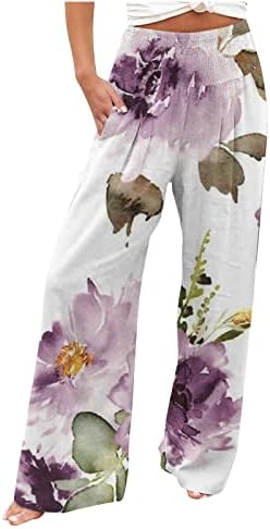 נשים נמתחות של נשים נמתחות רגל רחבה מכנסי טרקלין טרקלין פרחים מזדמנים מודפסים מכנסיים פלאצו מותניים גבוהים נוחים