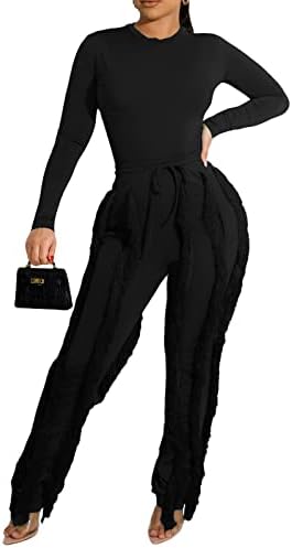 IMOO נשים 2 תלבושות תלבושות סרבל - שרוול ארוך סווטשירט סווטשירט שוליים מכנסיים מותניים גבוהים