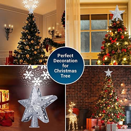 עץ חג המולד של O-Heart טופר מואר כוכב חג המולד טופר עץ עץ עם LED אורות מקרן פתית שלג, מכסף תלת מימד נצנצים חלולים עץ כוכב