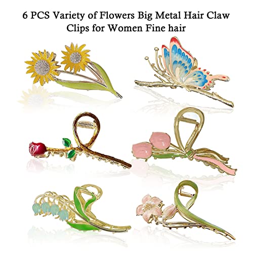6 יחידות שיער שיער פרח פרחים פרפר גדול ללא החלקה חזקה מתכת פרפר שיער שיער לנשים נוצצת אחיזה שיער לסת טופר שיער חמוד קליפים