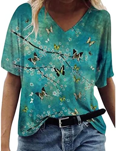 קיץ חולצות לנשים פרפר דפוס מודפס צווארון קצר שרוול בבאגי טיז מזדמן רופף חולצות