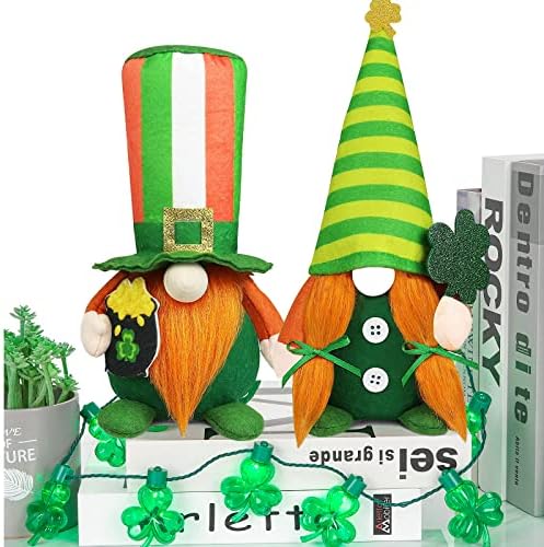 קישוטי יום פטריקס קישוטי יום גמרים, 2 Packs St Patricks Day Grandes עם אורות מיתר Shamrock Gnome St Patrick