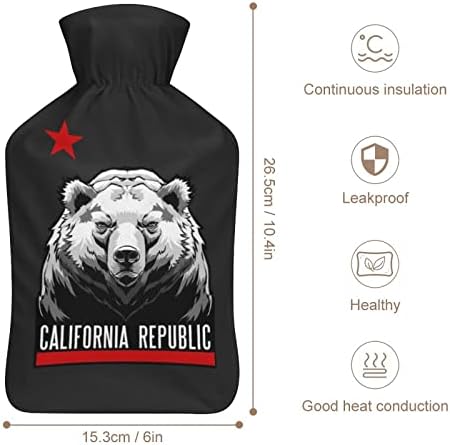דוב הרפובליקה בקליפורניה דוב בקבוק מים חמים מודפס עם כיסוי קטיפה רך שקית הזרקת מי גומי 1000 מל