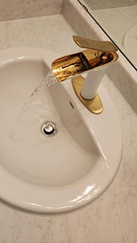 6ix Senses כיור אמבטיה ברז מפל ברז - ברז אגן אמבטיה חור יחיד, ברז מפל ידית יחיד, ברז 1 חור, ברקי מפל, ידית זהב לבנה,