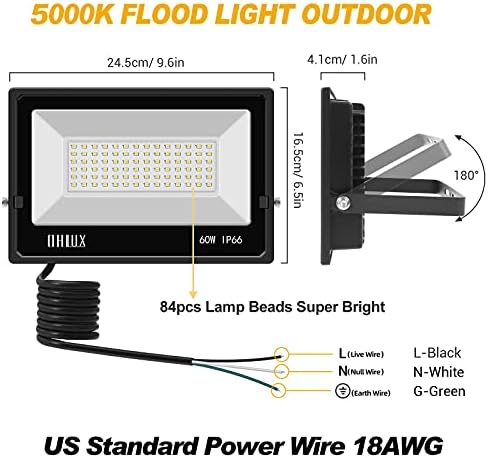 Ohlux LED אורות שיטפון בחוץ, 6000Lumen Superbright, 60W IP66 אטום למים לאורות אבטחה, אורות חיצוניים, גינה, פטיו, מגרש