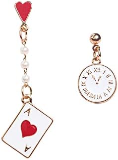 אסימטרית שעון פוקר להתנדנד עגילי קלפי עגילים אדום לבבות להתנדנד עגילי שעון מעורר זרוק עגילים לנשים בנות ייחודי תכשיטי מתנה