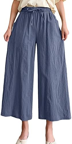 2023 מכנסי כותנה פשתן לנשים קיץ מכנסיים לרגל רחבה מכנסי יוגה מכנסי יוגה מזדמנים מכנסי מותניים אלסטיים עם משיכה