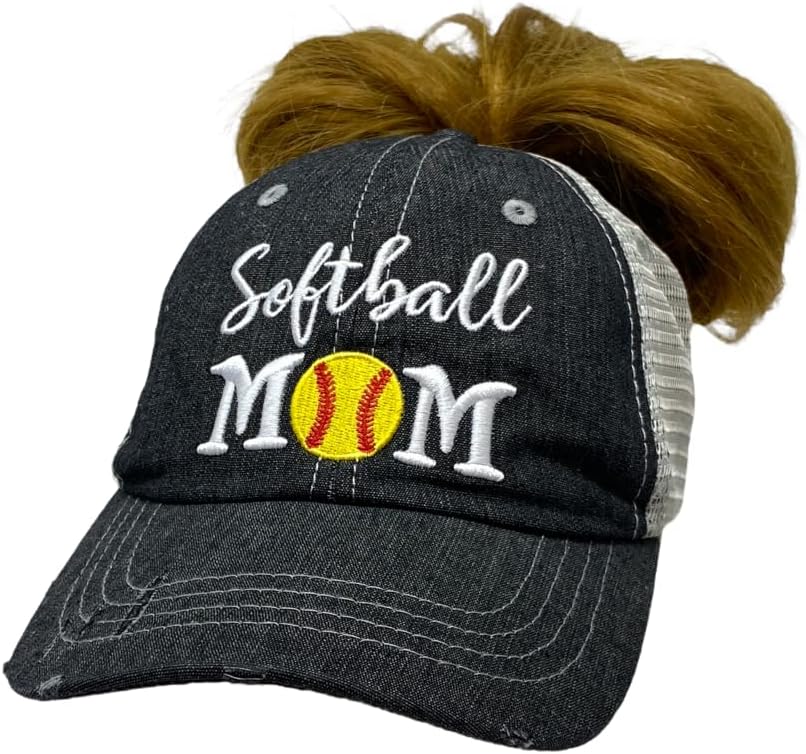 Cocomo Soul Womens Softball Hat Hat Softball Mom Bun Shyshy Bun High Coantail כובע -237 אפור כהה