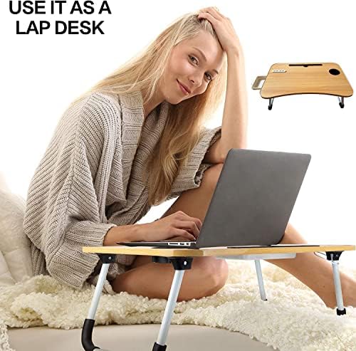 מעמד מחשב נייד למיטה, שולחן חיק למיטה 4 יציאות, נייד מתקפל שולחן מחשב נייד עם מאוורר ואור-ארוחת בוקר מזון