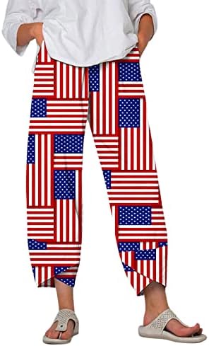 מכנסי טרנינג של Wocachi Harem לנשים, מכנסי פשתן לנשים דגל אמריקאי מודפסים מכנסי חוף אלסטיים קצוצים.