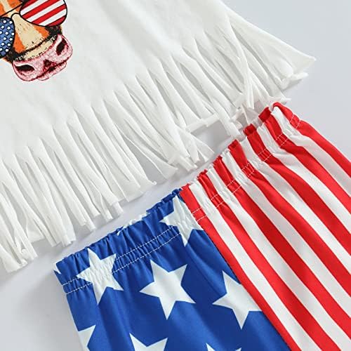 פעוטות פעוטות תינוקת 4 ביולי תלבושת תלבושת שרוול קצר ציצית טאסל חולצה עליונה דגל אמריקאי דגל מכנסיים מתרחבים בגדים