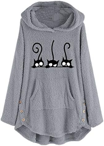 כפתור סוודר חולצה, נשים צמר חתול רקמה בתוספת גודל חם הסווטשרט למעלה