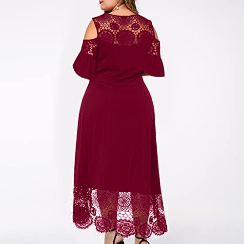 בתוספת גודל שמלות לנשים סקסי קר כתף תחרה סרוגה ראפלס שרוול מקסי שמלת קיץ רופף זורם ארוך שמלות