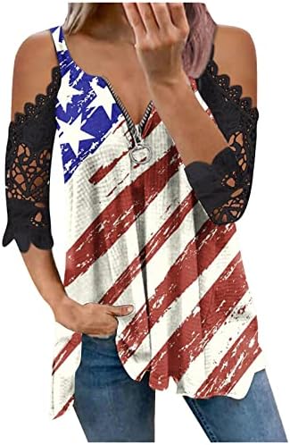 דגל אמריקאי לנשים כוכב תחרה מפוספשת תחרה קרה חולצות טריקו 4 ביולי יום העצמאות חולצות גרפיות רופפות