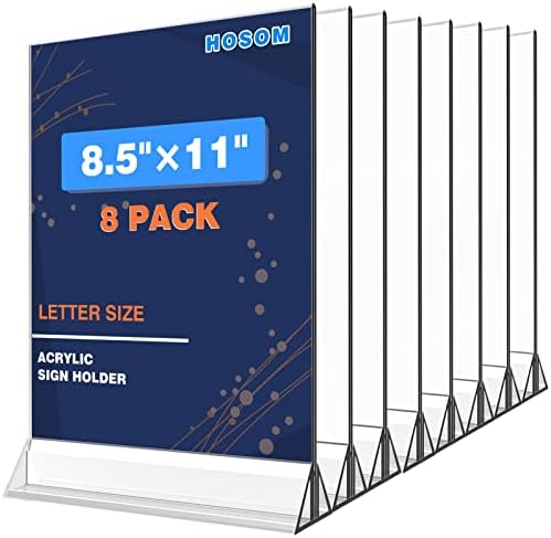 Hosom 8 Pack מחזיק סימנים אקריליים 8.5 x 11, אנכי T בצורת T, עמדת תצוגה פלסטית ברורה דו צדדית למשרד, בית, חנות, מסעדה
