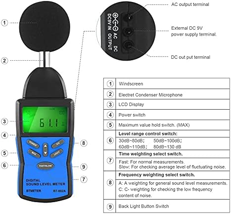 KXDFDC מד דיגיטלי רמת צליל ， עוצמת נפח רעש מדידת מכשיר בודק ניטור דציבלים עם בדיקת נפח שמע רעש 30-130dB