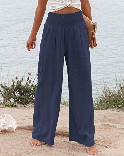 מכנסי פשתן Evzosrz לנשים רחבות רגליים קיץ קיץ מזדמן מותניים גבוהים פלאצו מכנסי טרקלין חוף רחבים עם כיסים