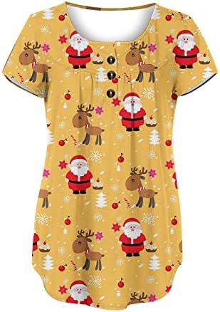 חולצות שרוול קצר מזדמן של נשים חג המולד איילים מודפסים מחבואים בטן כפתור חולצה טוניקה זורמת רופפת למטה