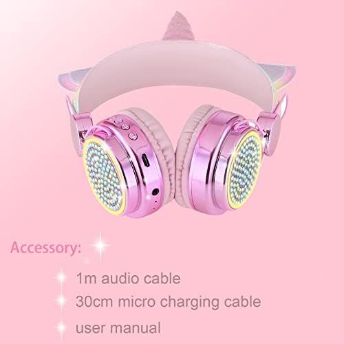 Koraba Kids Hearpons Wireless For Girls ילדים, LED מדליקים אוזניות Unicorn Bluetooth עם מיקרופון לבית ספר/חג המולד/לימוד