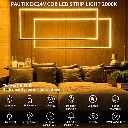 אור רצועת LED של Pautix Cob 2000K לבן חם לבן, 3087LEDS DC24V אור רצועת LED לעמומה של 20ft/6.1 מ ', ערכת תאורת קלטת