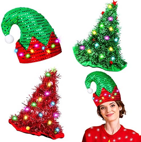 3 חבילה חג המולד כובעי סנטה כובעים עם הוביל אורות מצחיק חג המולד כובעי חג המולד ספקי צד למבוגרים