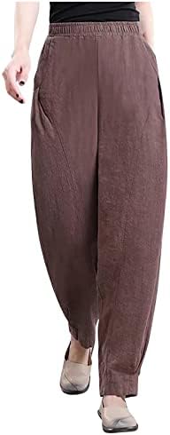 מכנסי רגל רחבים של HCJKDU לנשים מותניים אלסטיים מכנסי טרנינג מזדמנים עם כיסים טרקלין פשתן כותנה רופפת כושר ארוך
