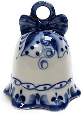 פעמון חרסינה דקורטיבי בלעדי עם קשת לבן וכחול בצבע רוסי Gzhel מצויר לעיצוב מטבח ביתי